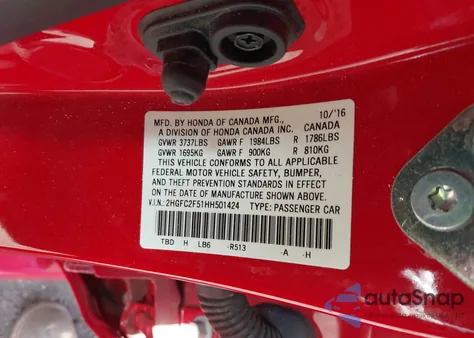 2017 Honda Civic Lx z USA, uszkodzony, nr VIN 2HGFC2F51HH501424